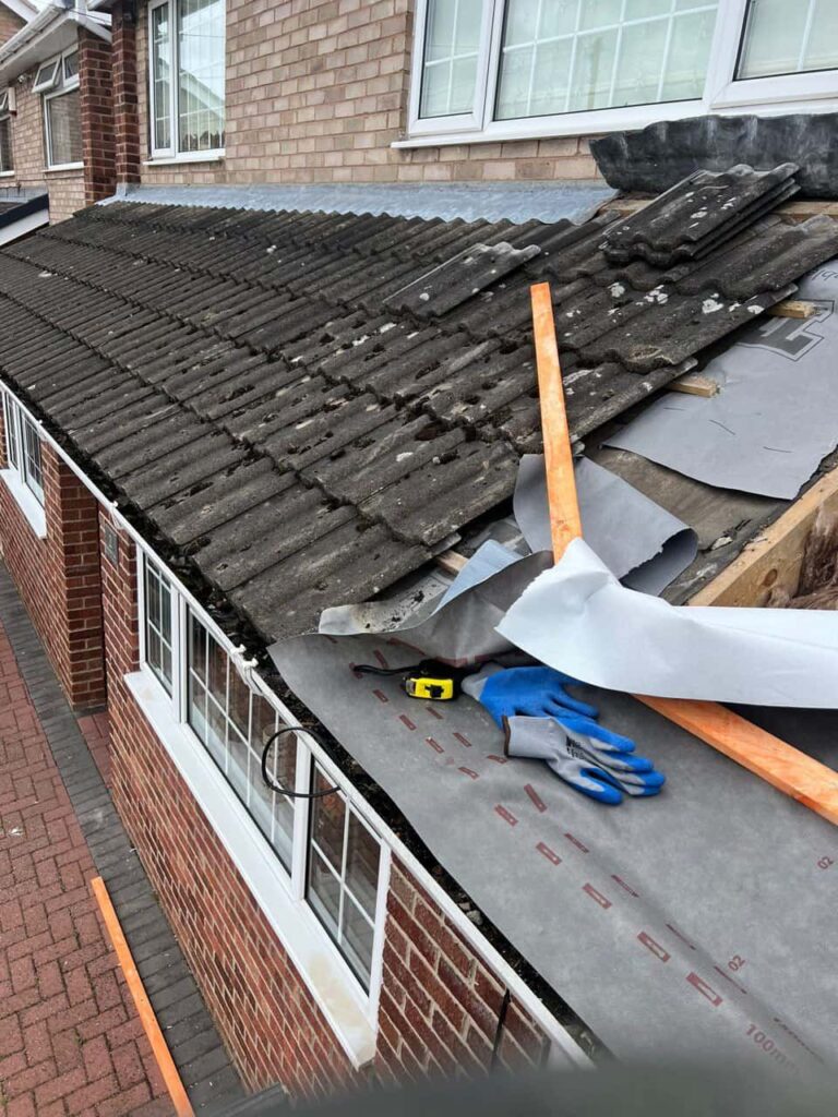 This is a photo of a pitched roof which is being repaired. The existing roof was leaking badly. Works carried out by Huntingdon Roofing Repairs